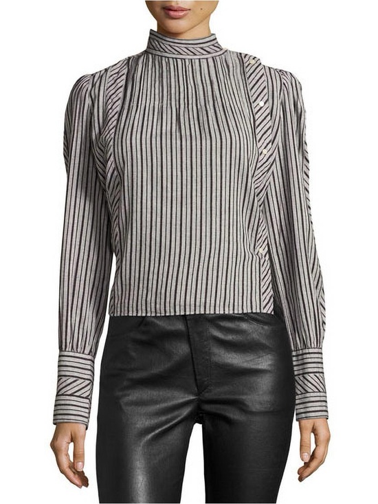 Tops - $315 Isabel Marant Etoile Striped Mock-Neck Long-Sleeve Top in Black and White